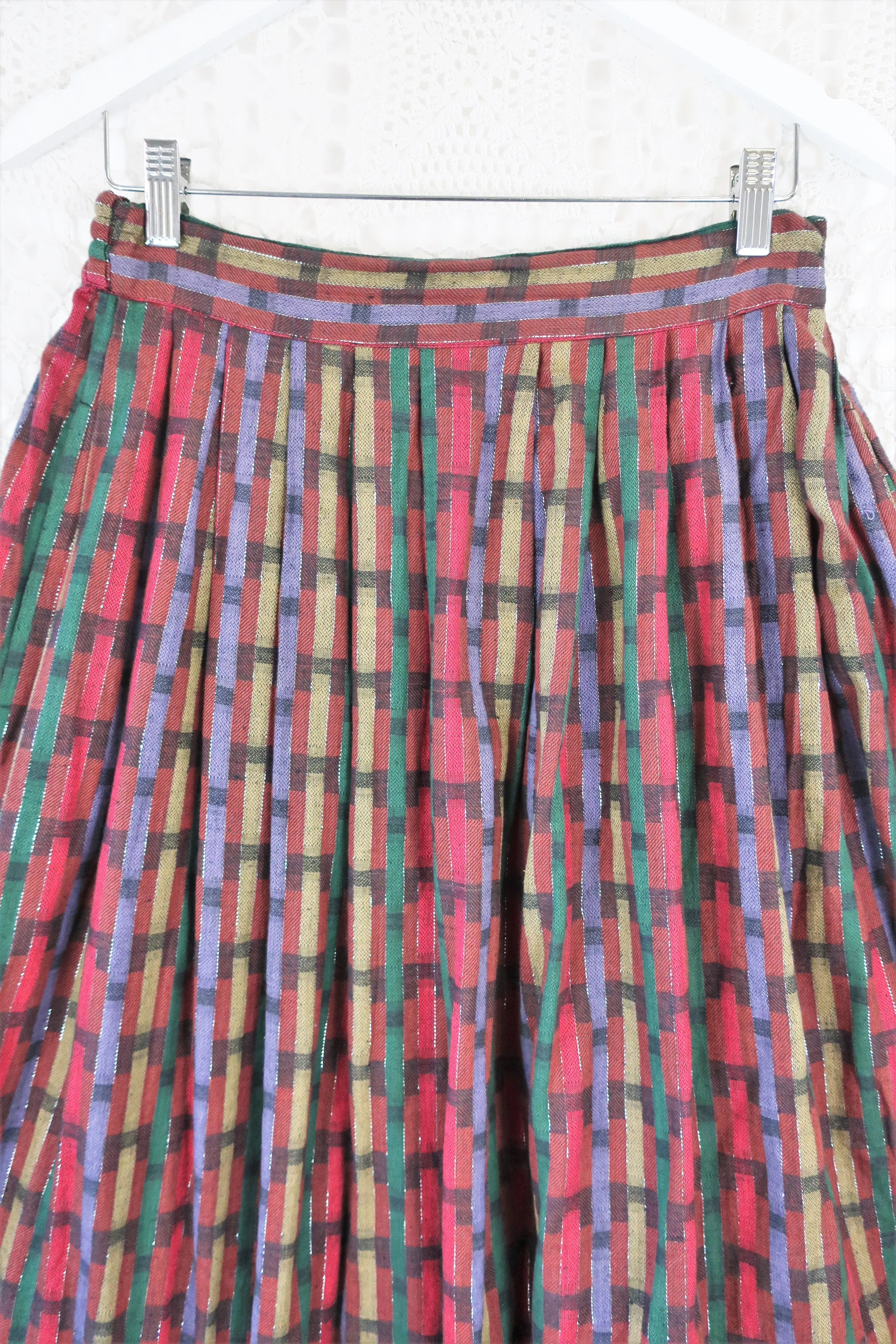 70's Vintage - Tartan Midi Skirt - Green, Silver, Black & Red - S/M