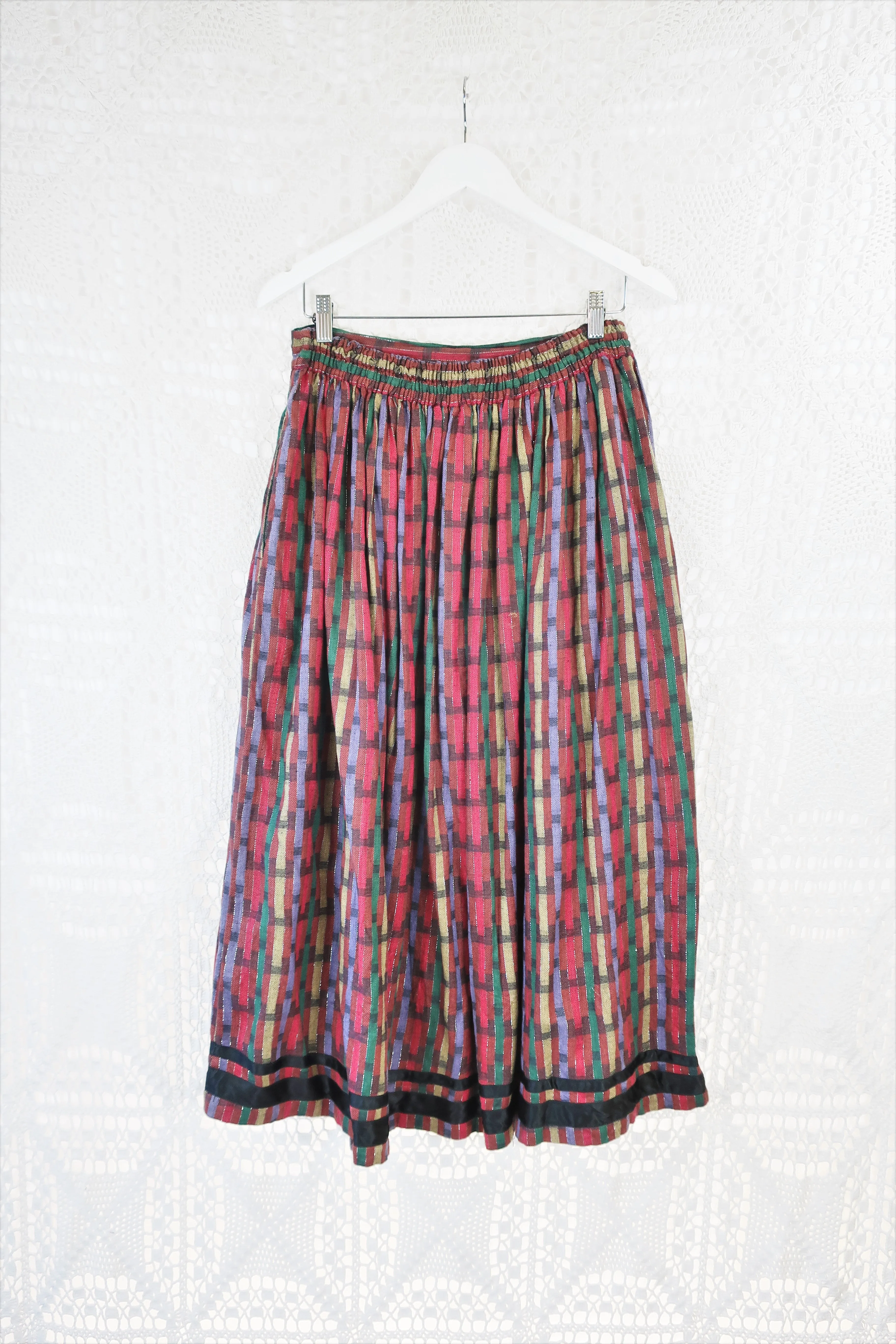 70's Vintage - Tartan Midi Skirt - Green, Silver, Black & Red - S/M