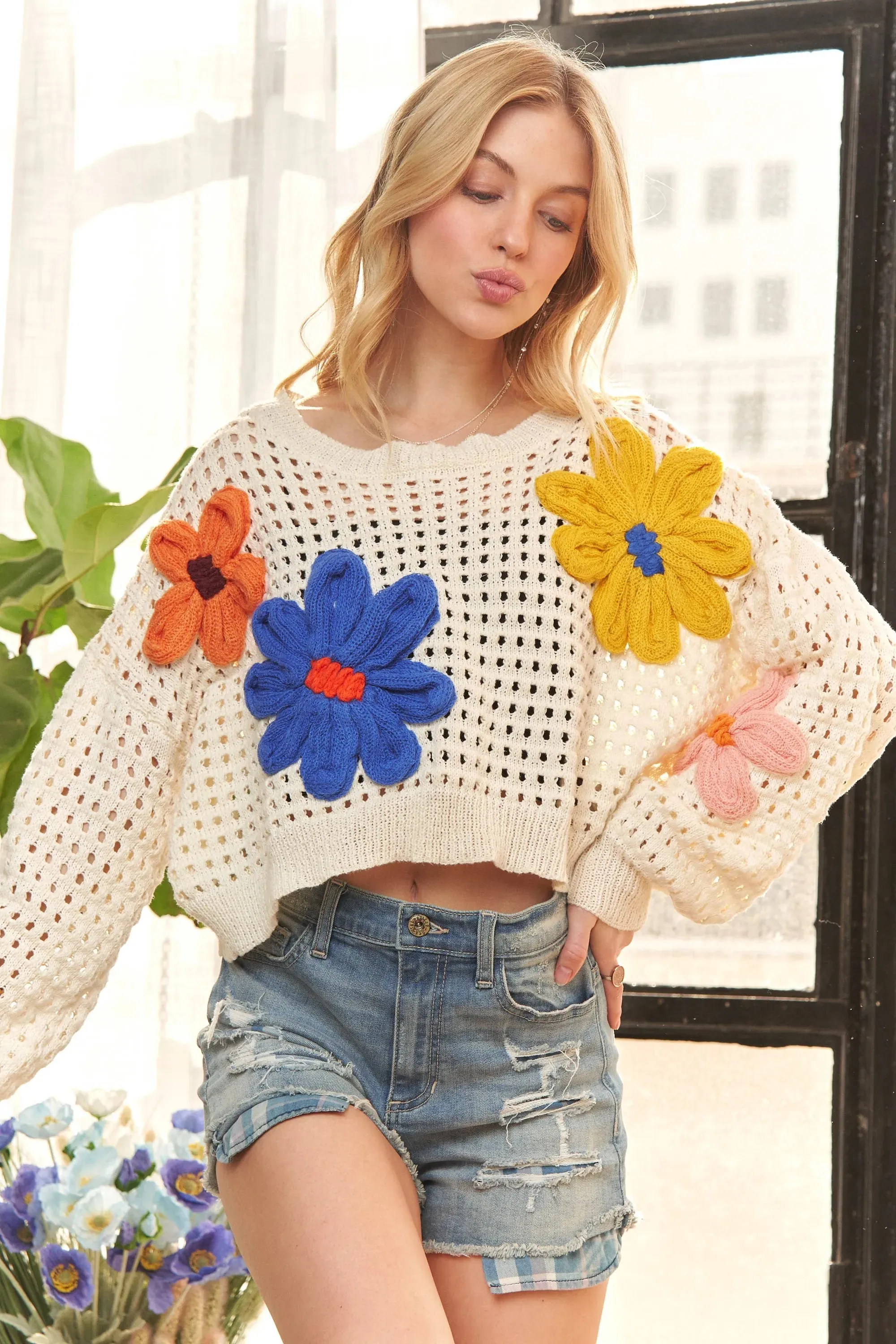 ADORA Floral Patch Sweater Crop Top In Ivory