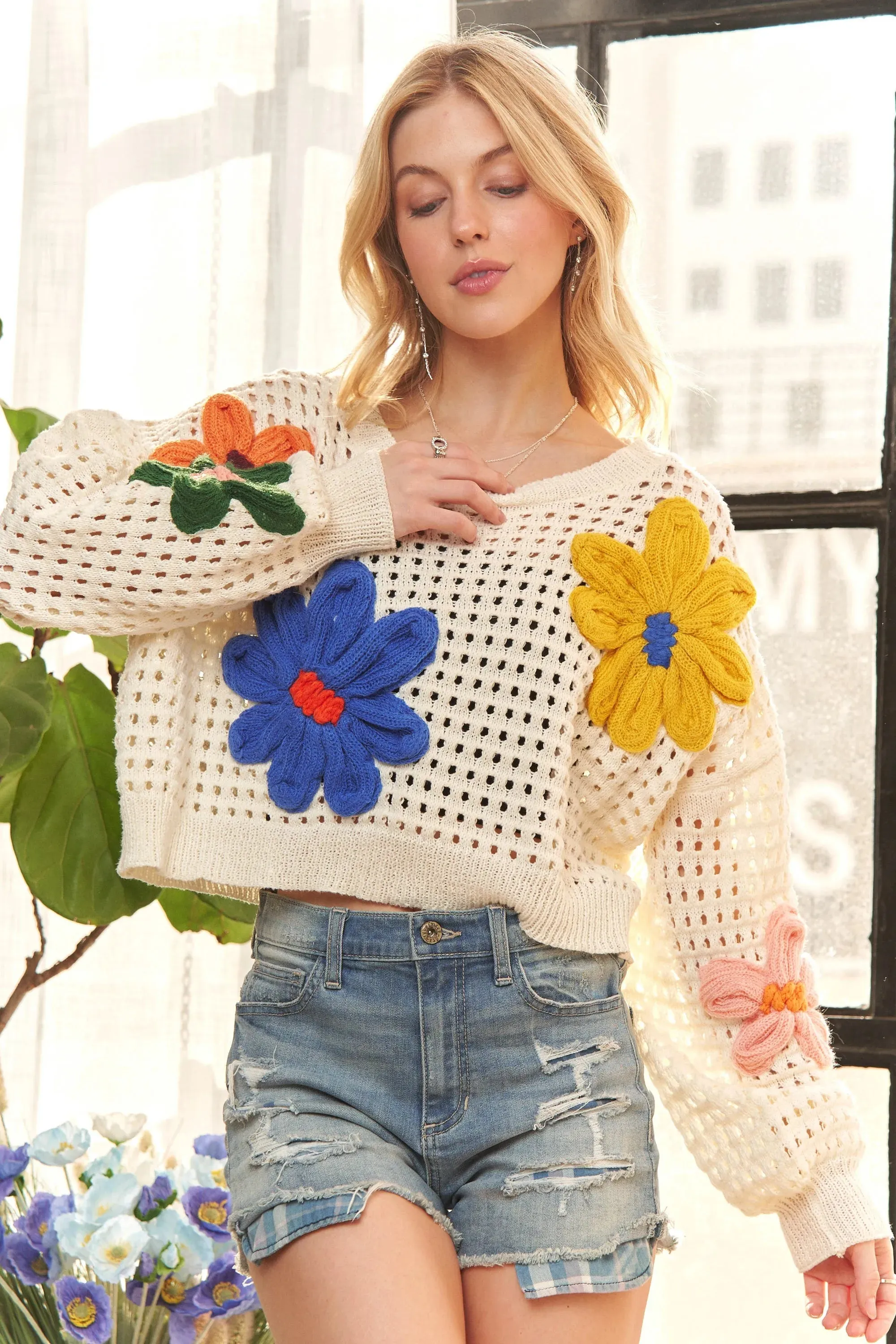 ADORA Floral Patch Sweater Crop Top In Ivory
