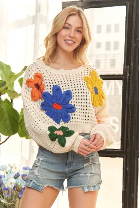 ADORA Floral Patch Sweater Crop Top In Ivory