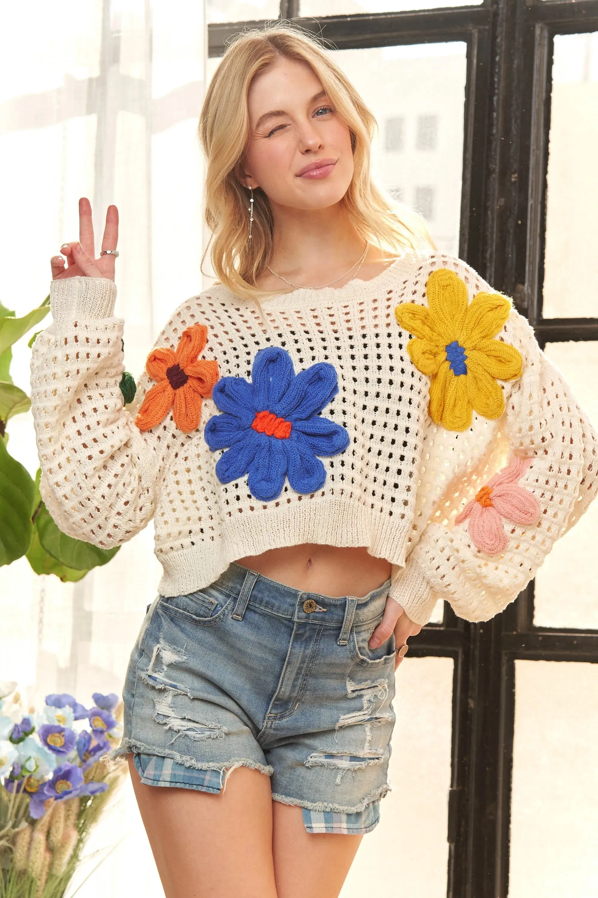 ADORA Floral Patch Sweater Crop Top In Ivory