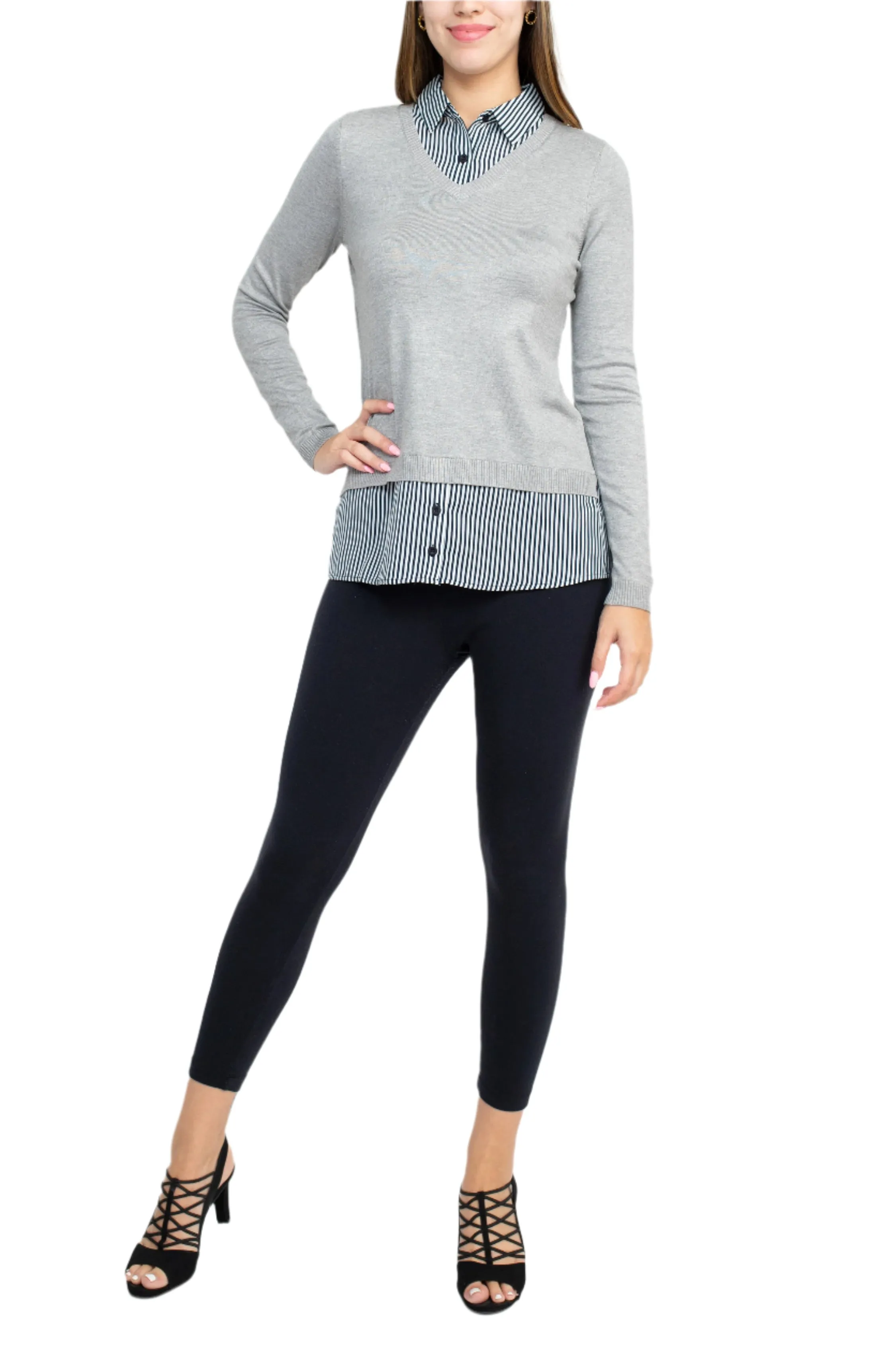 Adrianna Papell V-Neck Long Sleeve Solid Woven Sweater