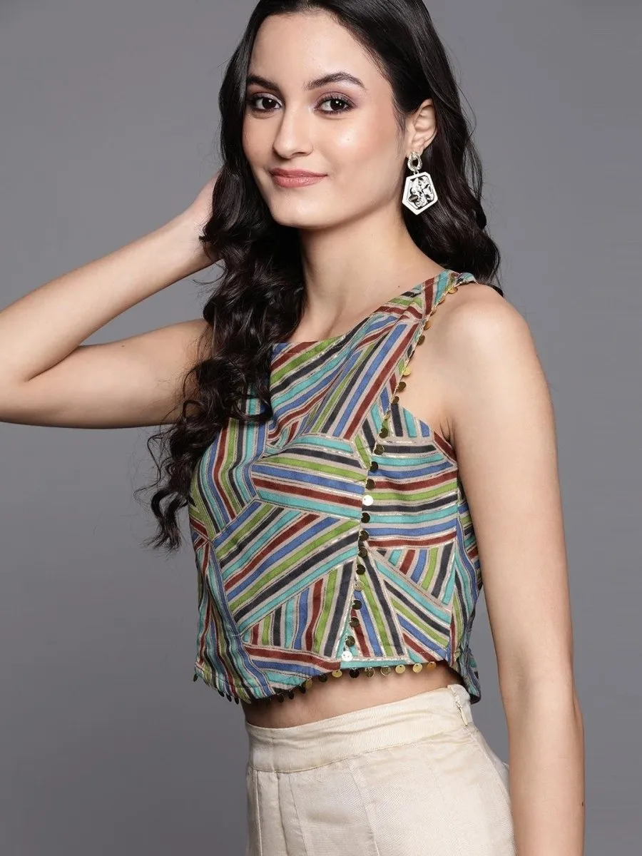 Beige & Blue Geometric Printed Crop Top