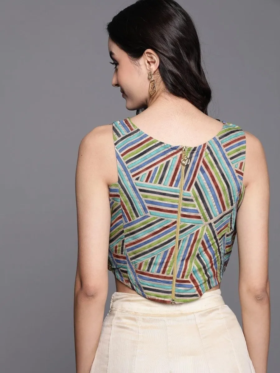 Beige & Blue Geometric Printed Crop Top