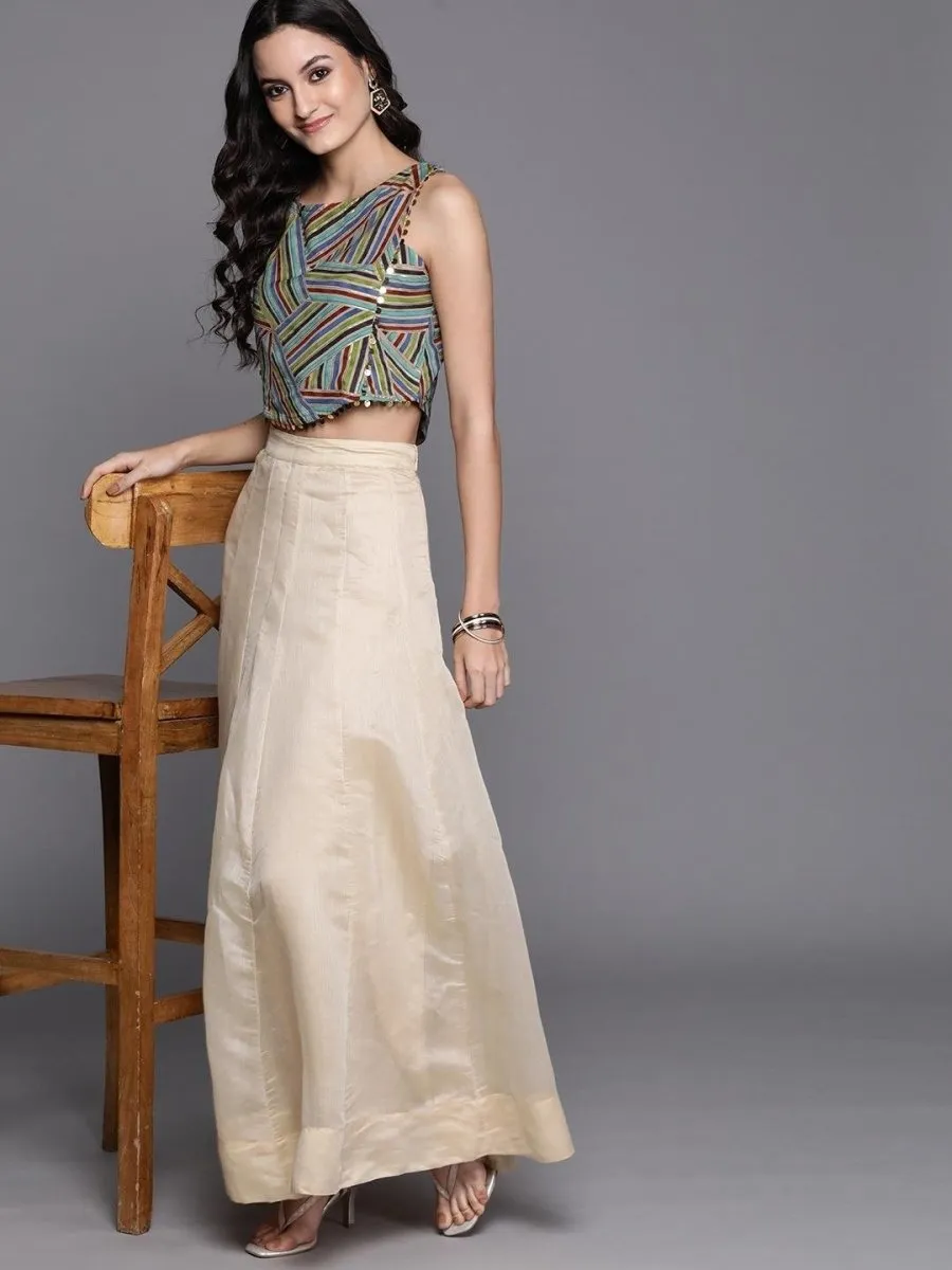 Beige & Blue Geometric Printed Crop Top