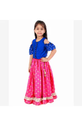 Blue cold shoulder top with flamingo printed skirt