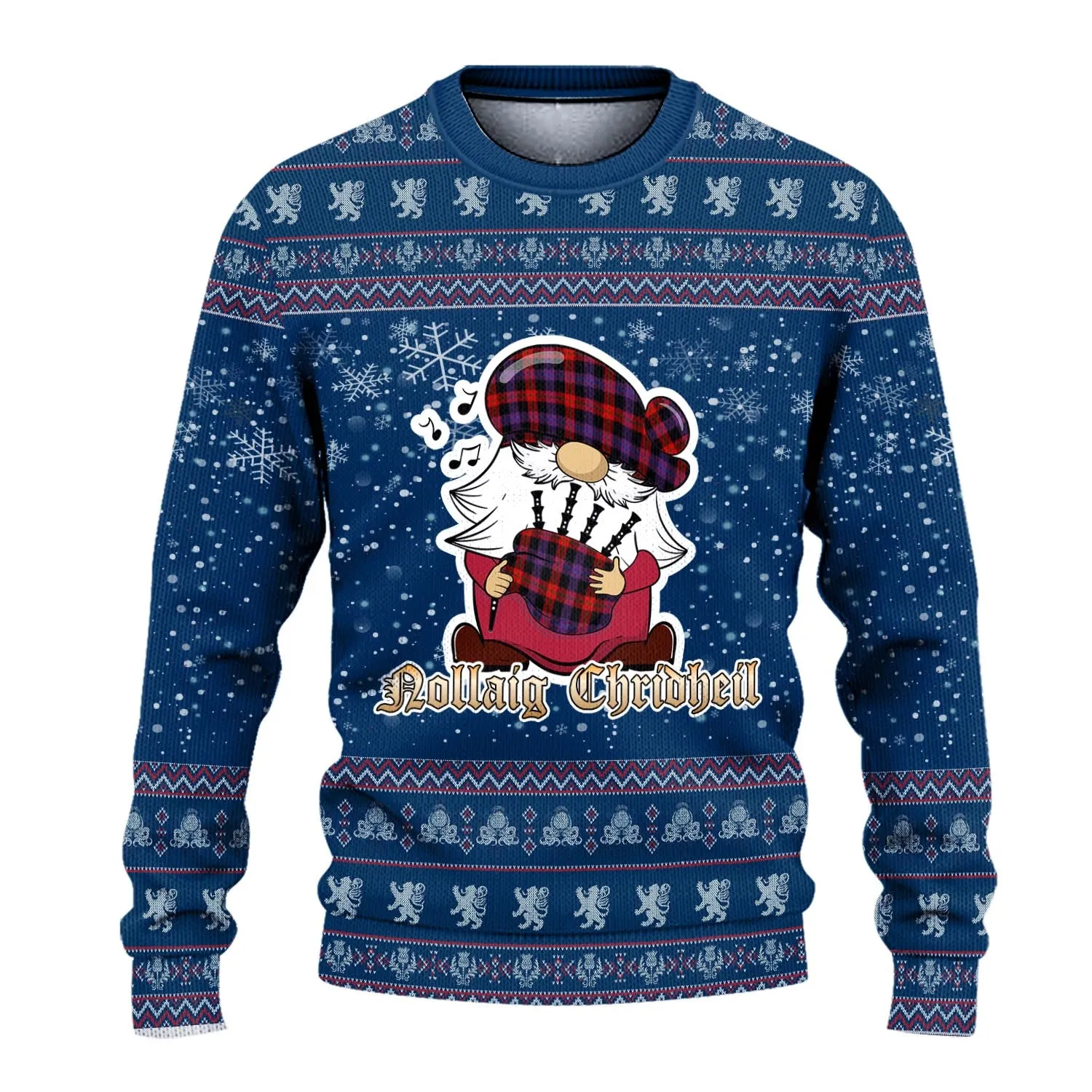 Broun Modern Clan Christmas Family Ugly Sweater with Funny Gnome Playing Bagpipes
