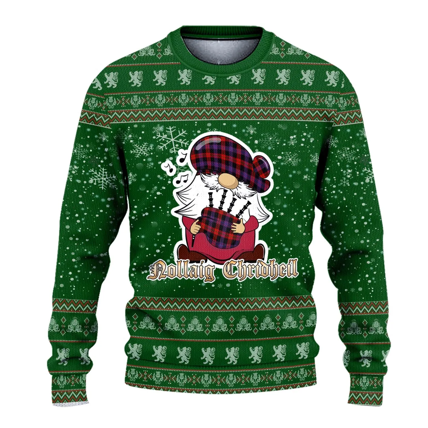 Broun Modern Clan Christmas Family Ugly Sweater with Funny Gnome Playing Bagpipes
