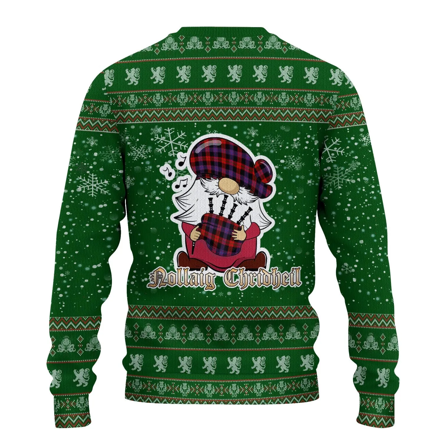 Broun Modern Clan Christmas Family Ugly Sweater with Funny Gnome Playing Bagpipes