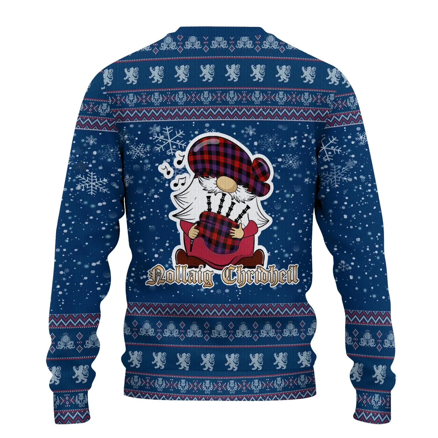 Broun Modern Clan Christmas Family Ugly Sweater with Funny Gnome Playing Bagpipes