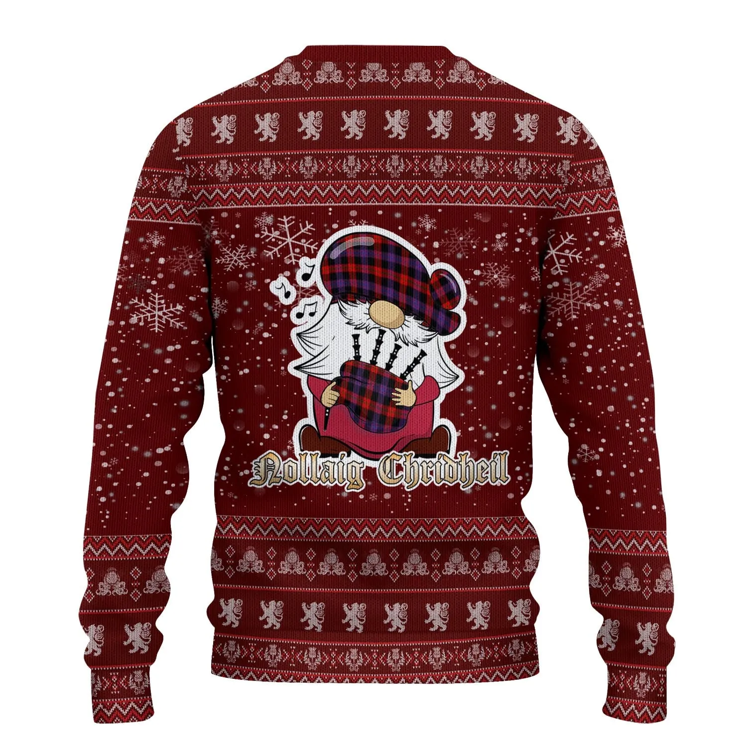 Broun Modern Clan Christmas Family Ugly Sweater with Funny Gnome Playing Bagpipes