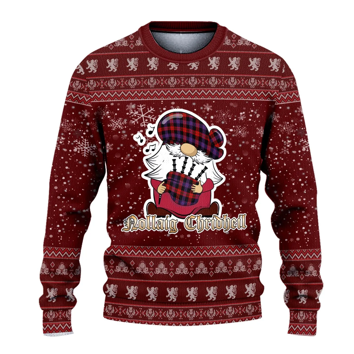 Broun Modern Clan Christmas Family Ugly Sweater with Funny Gnome Playing Bagpipes