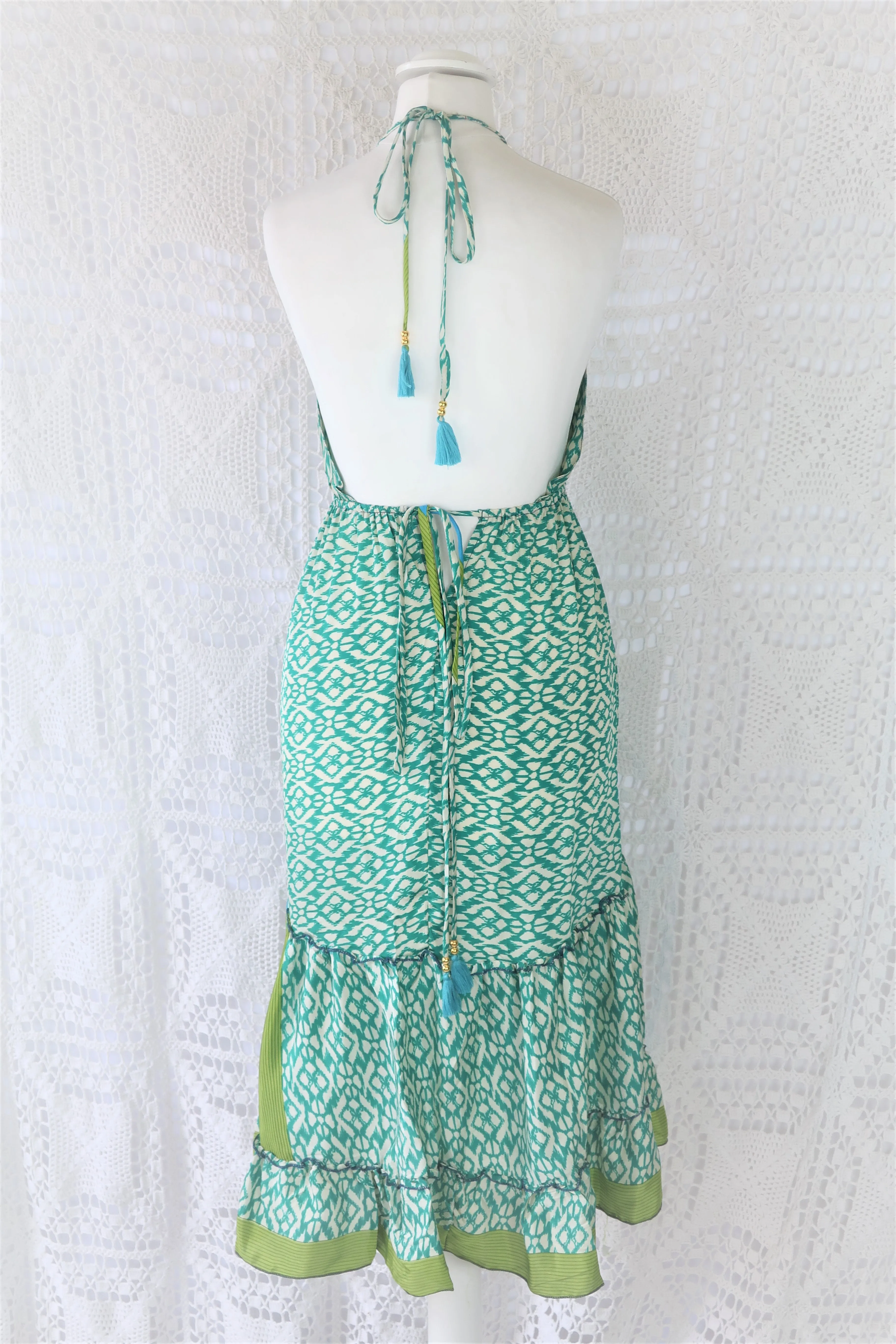 Cherry Midi Dress - Vintage Indian Sari - Sea Green & Lime Tile Print - Free Size