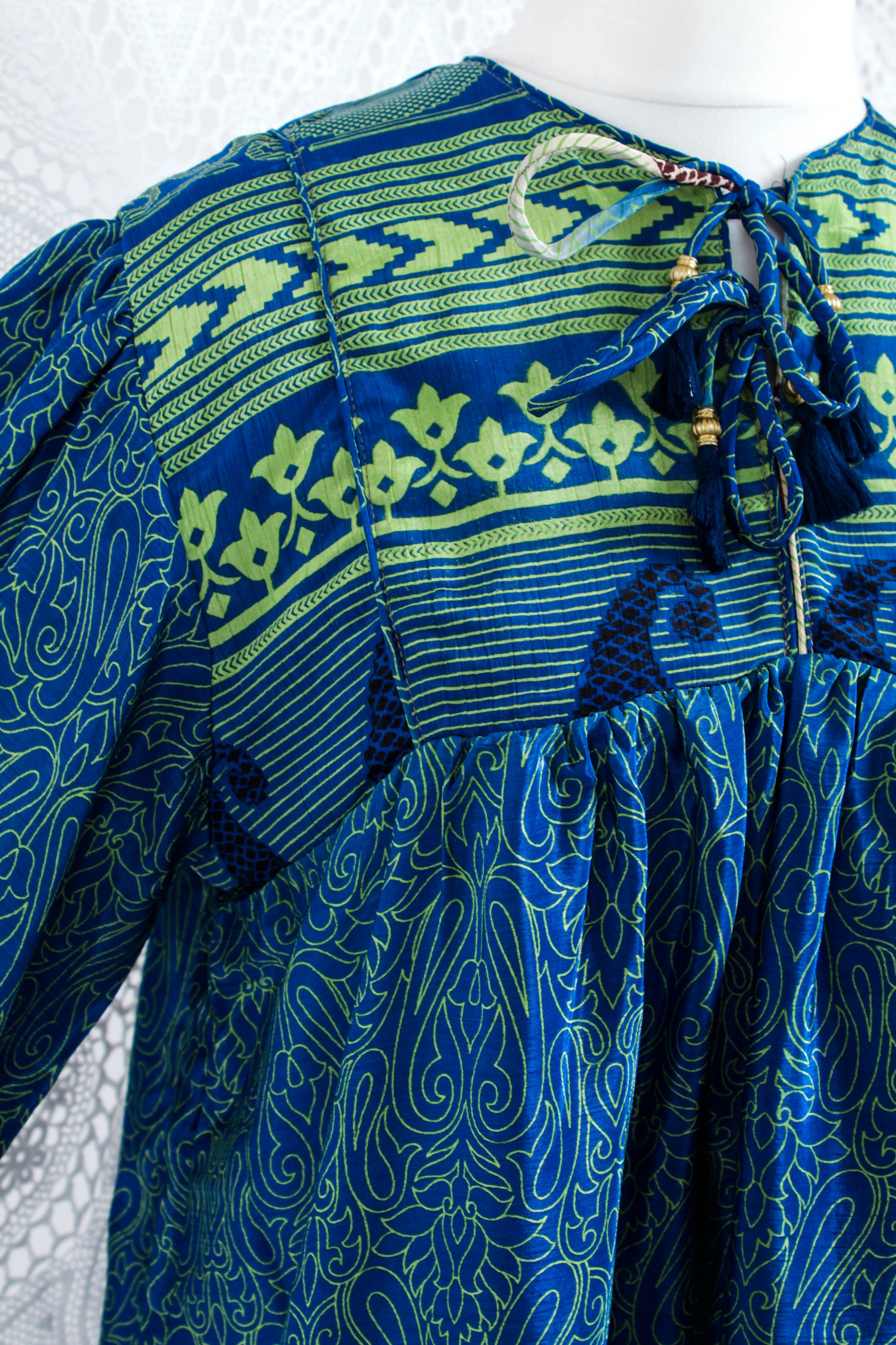 Daphne Smock Dress - Vintage Indian Sari - Blue & Green Paisley - S/M
