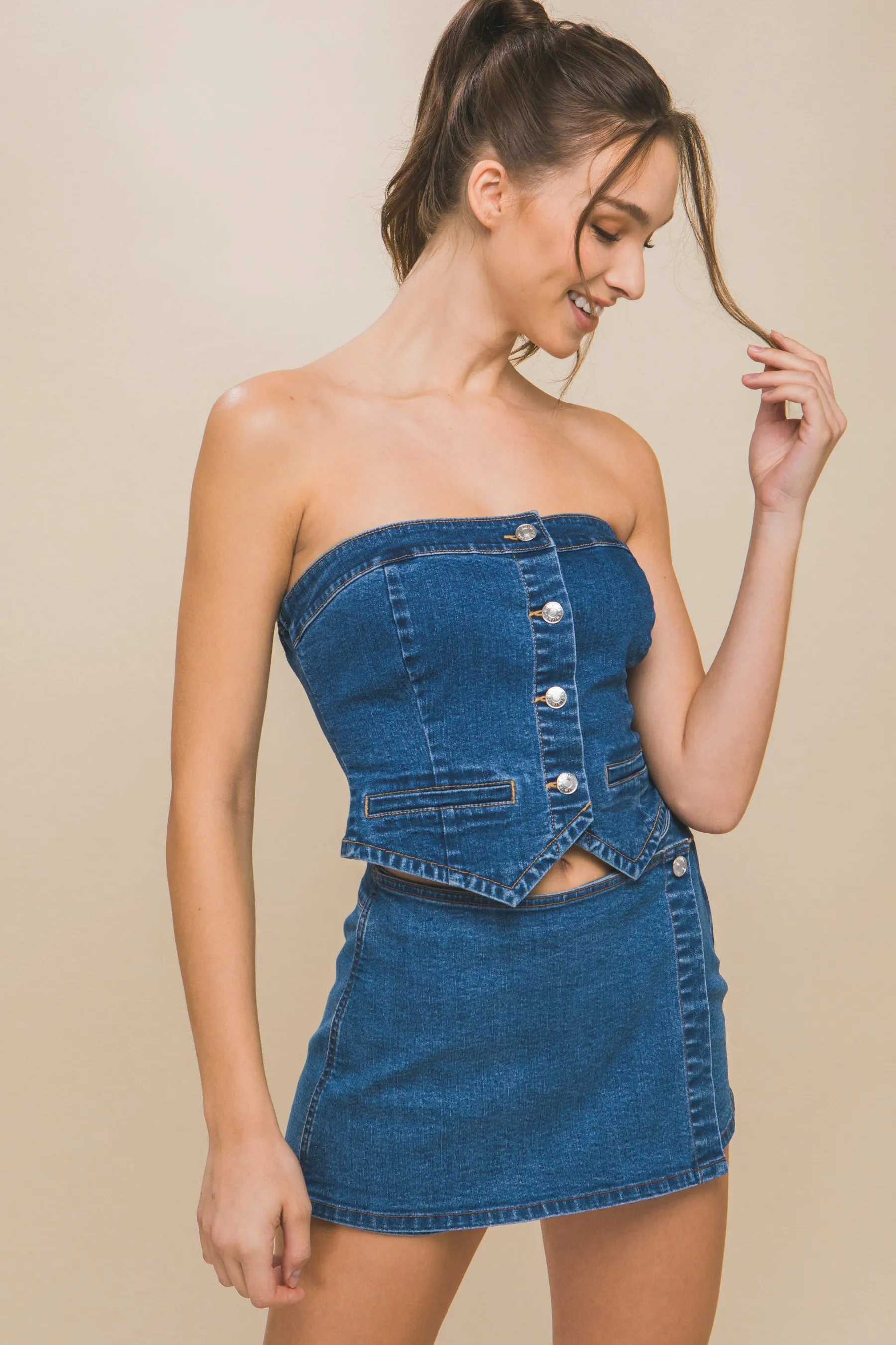 Denim Strapless Button-up Women's Crop Top