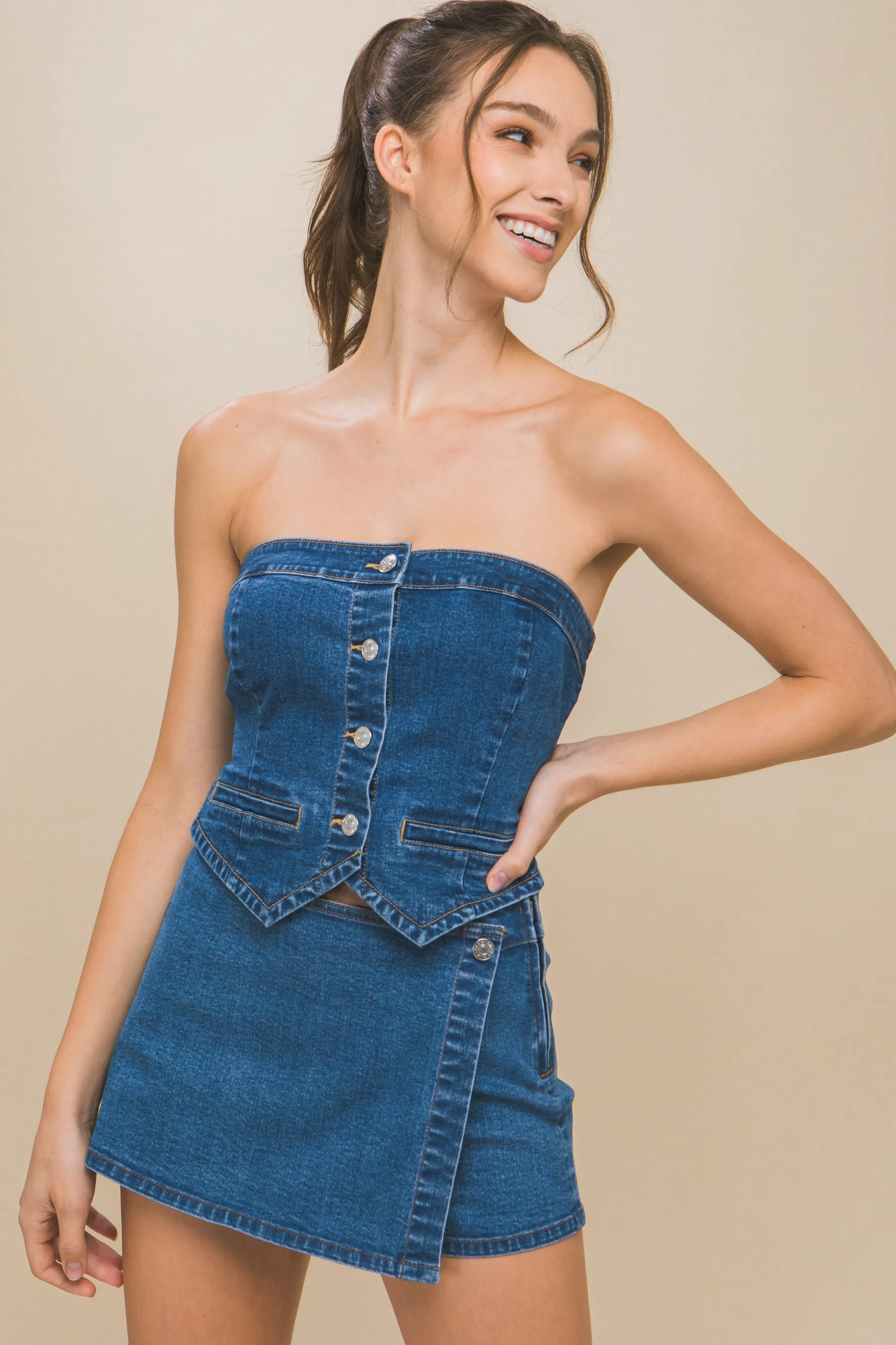 Denim Strapless Button-up Women's Crop Top