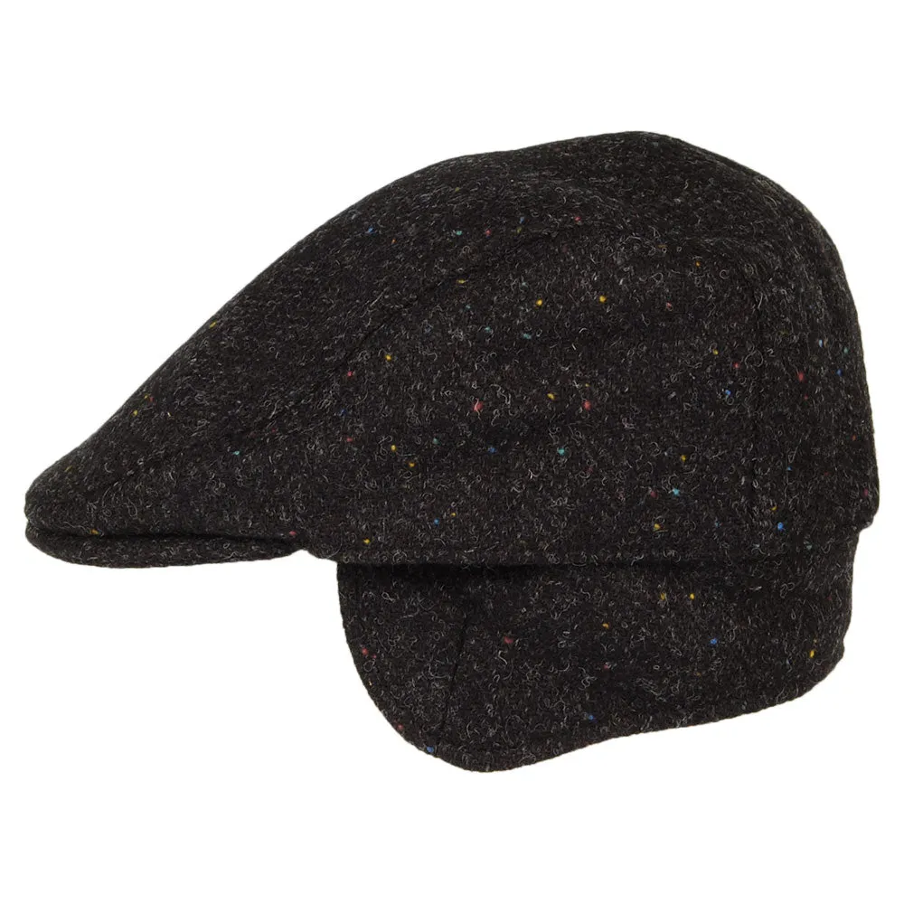Failsworth Hats HARRIS TWEED Herringbone Oban Flat Cap with Earflaps - Charcoal