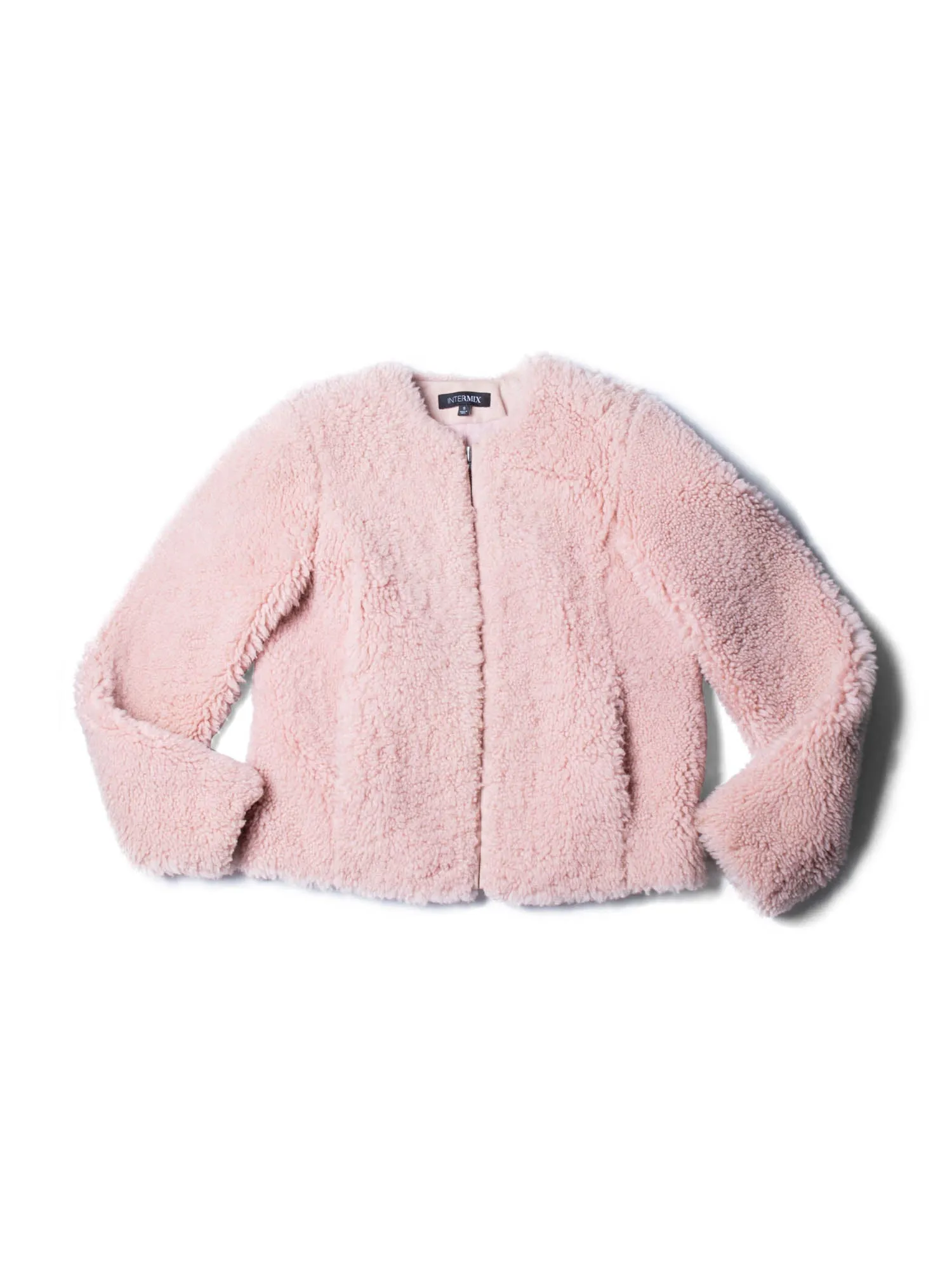 Intermix Genuine Shearling Fur Cropped Bomber Jacket Pink