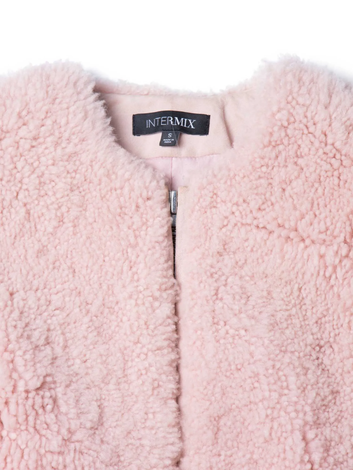 Intermix Genuine Shearling Fur Cropped Bomber Jacket Pink