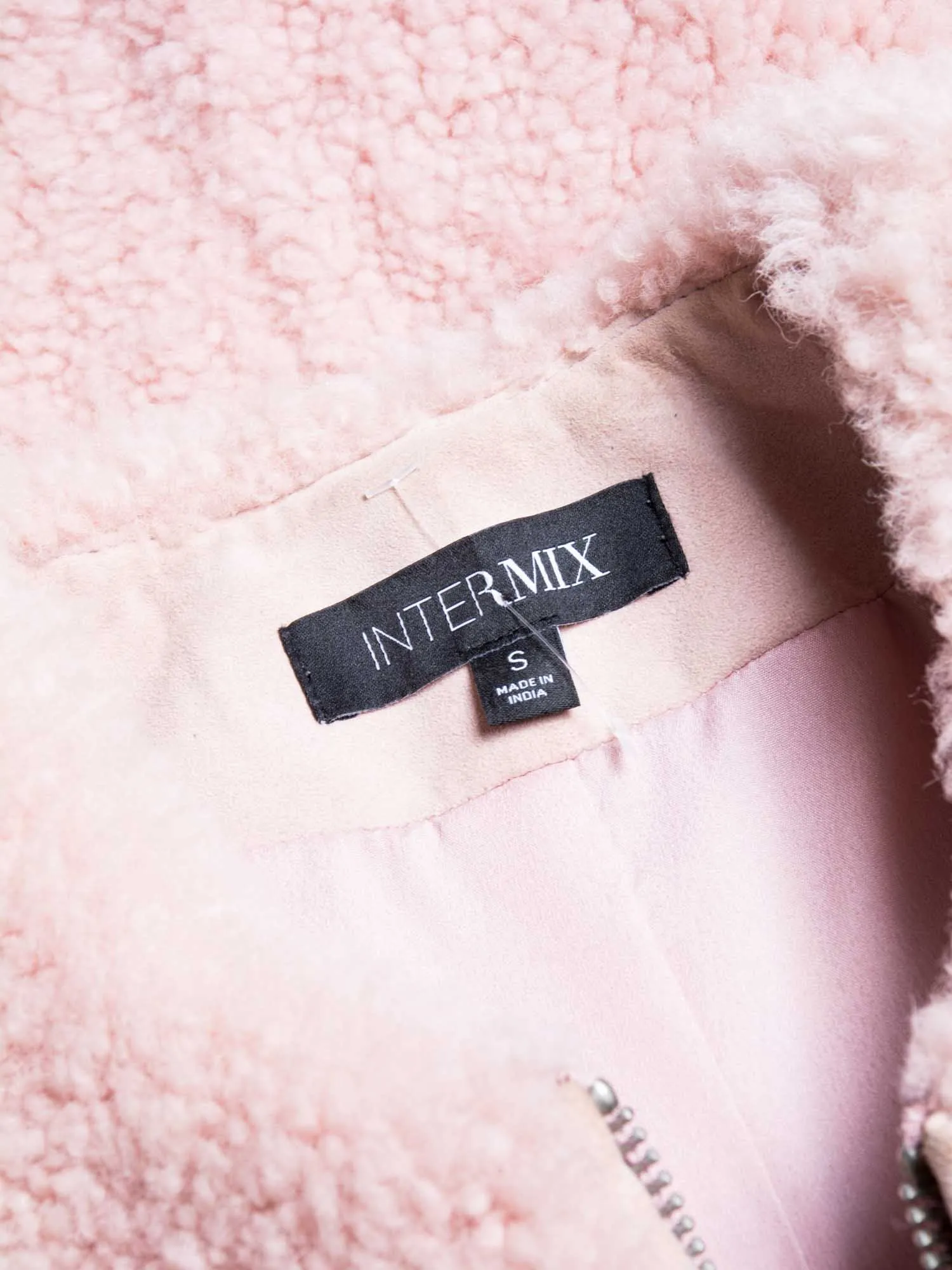Intermix Genuine Shearling Fur Cropped Bomber Jacket Pink