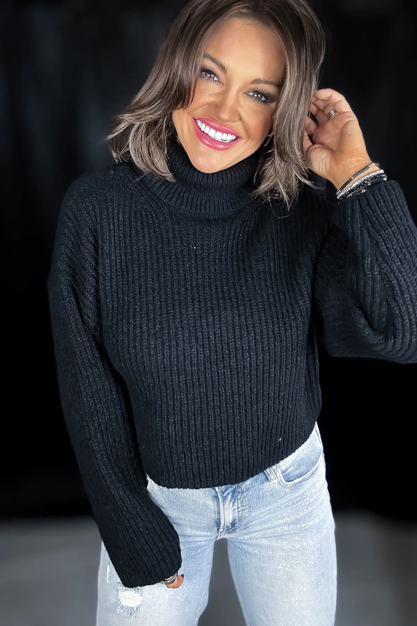 It Is Well Black Turtleneck Semi-Crop Sweater