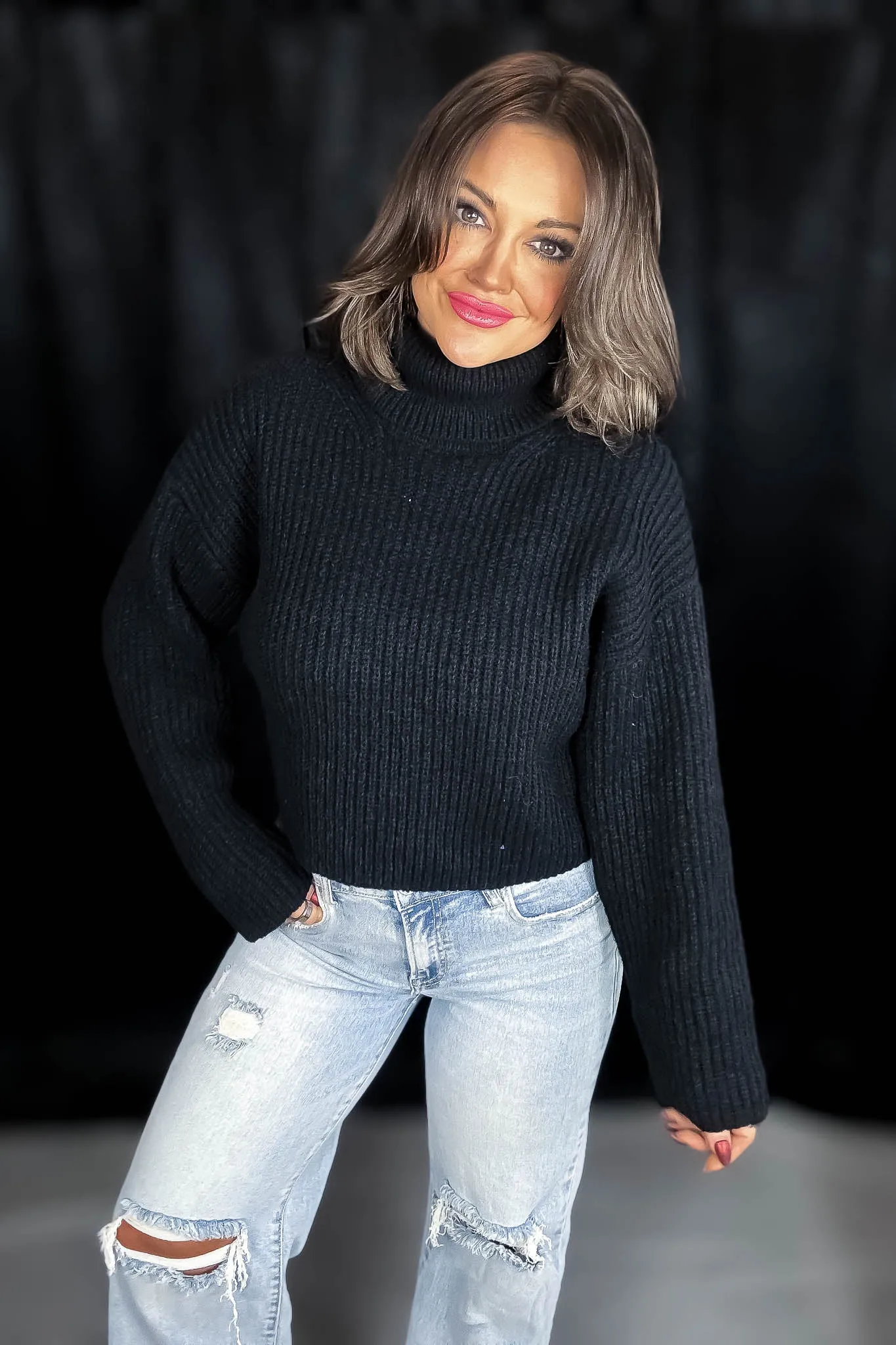 It Is Well Black Turtleneck Semi-Crop Sweater