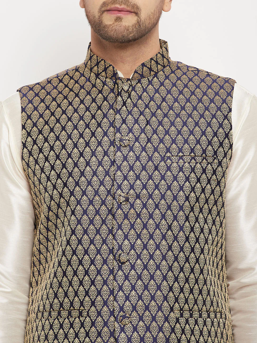 Jashvi Men's Blue Cotton Silk Blend Ethnic Jacket
