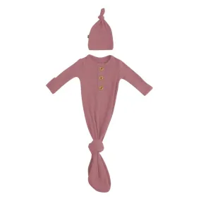 Kyte Baby Ribbed Knotted Gown & Hat - Dusty Rose