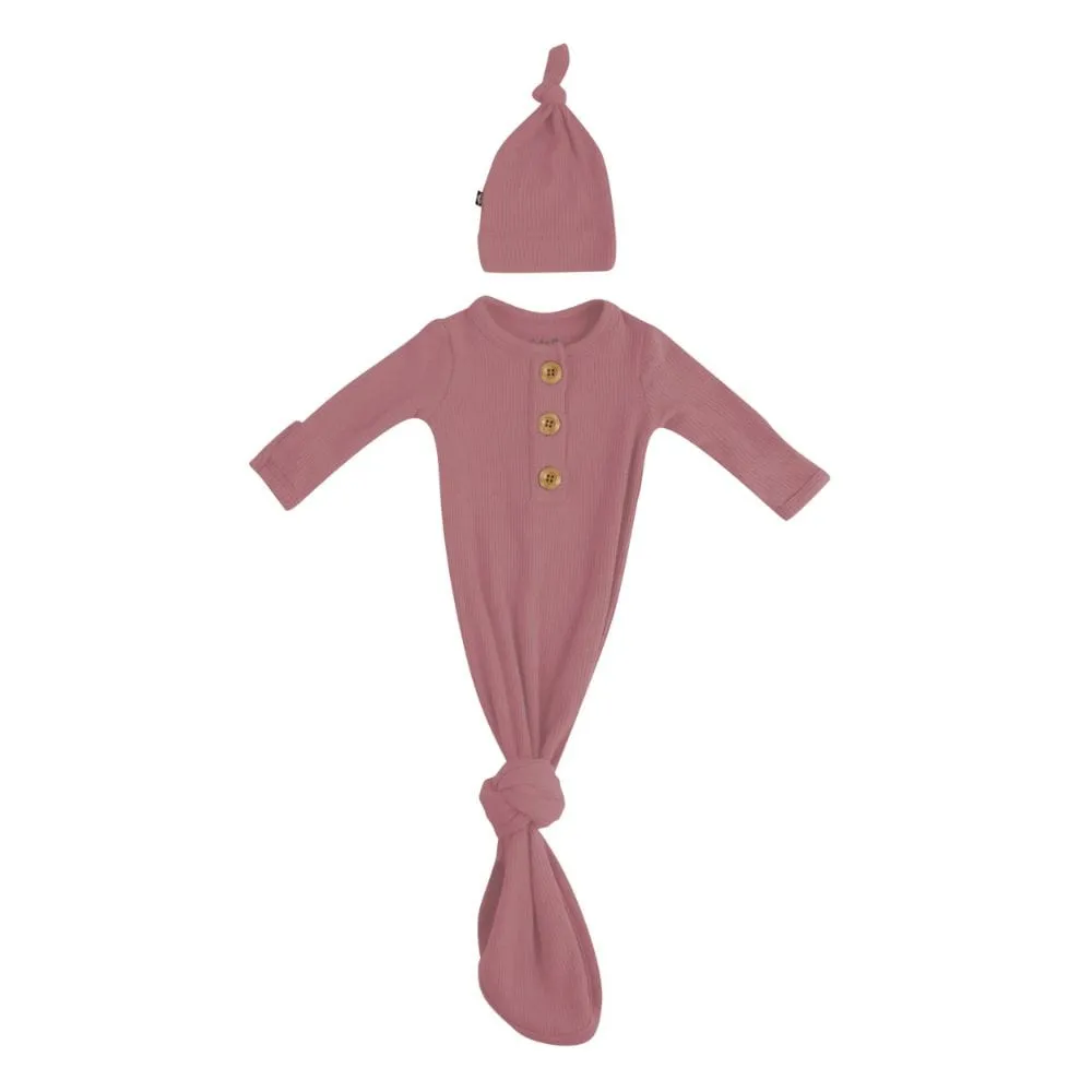 Kyte Baby Ribbed Knotted Gown & Hat - Dusty Rose