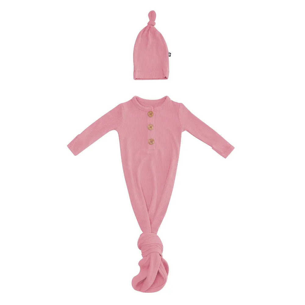 Kyte Baby Ribbed Knotted Gown with Hat Set - Apple Blossom