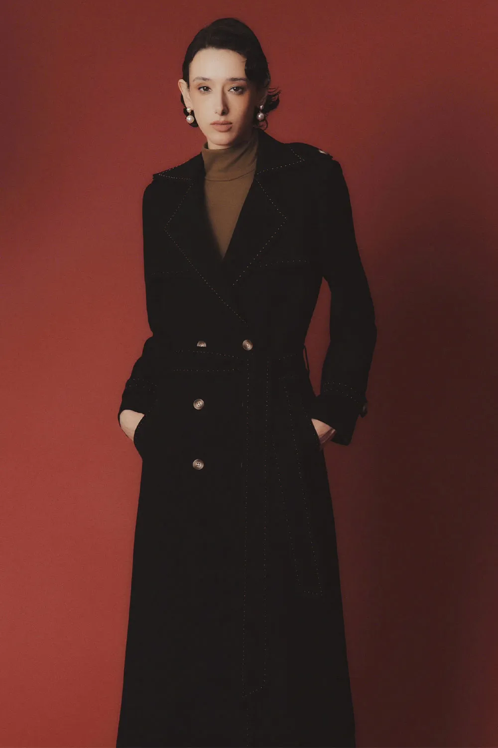 Lana A-line Storm Flap Poly Silk Calf Length Trench Coat