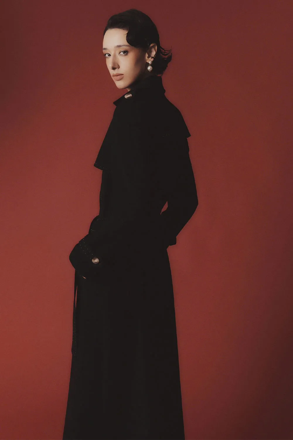 Lana A-line Storm Flap Poly Silk Calf Length Trench Coat