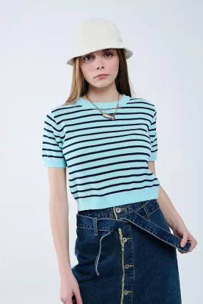 Mint Green Crop Sweater With Navy Stripes