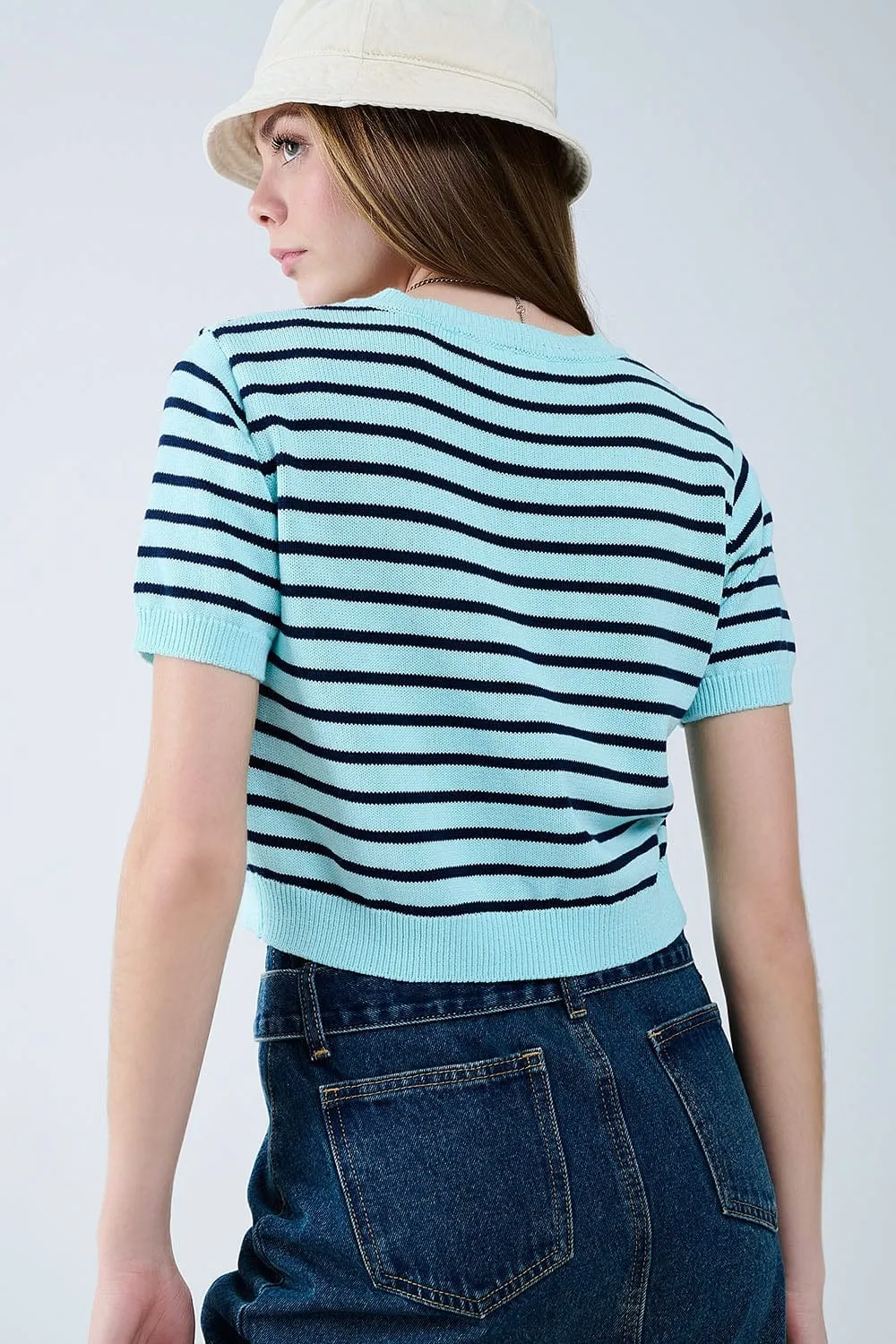 Mint Green Crop Sweater With Navy Stripes