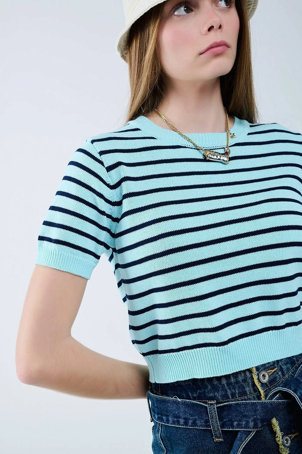 Mint Green Crop Sweater With Navy Stripes