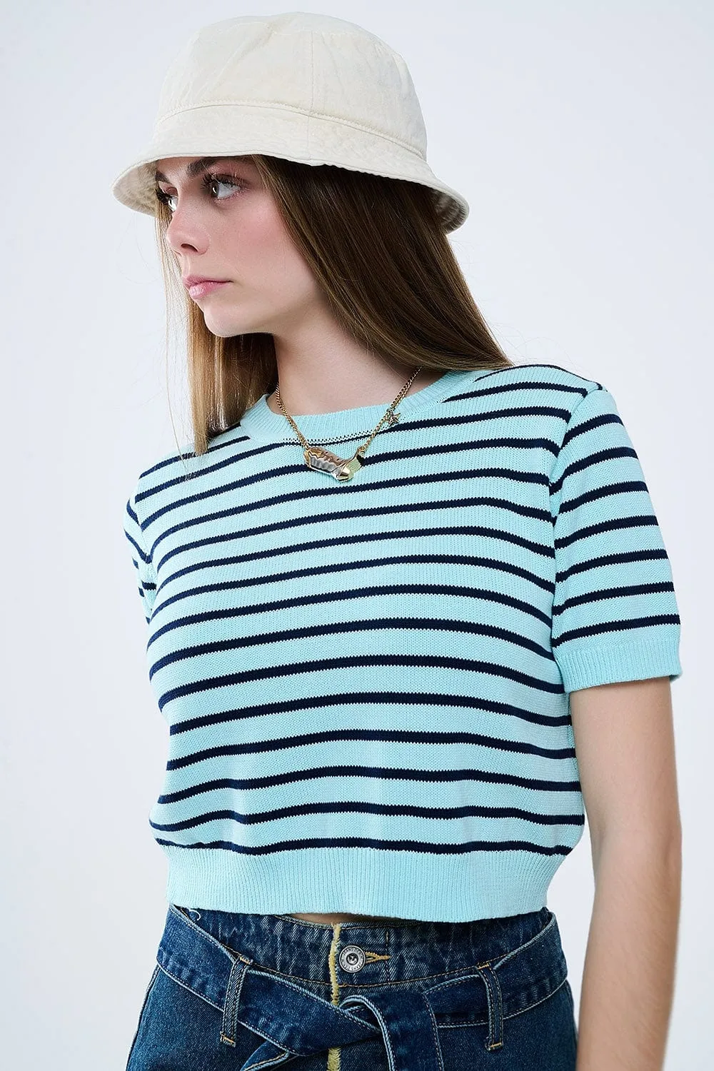 Mint Green Crop Sweater With Navy Stripes