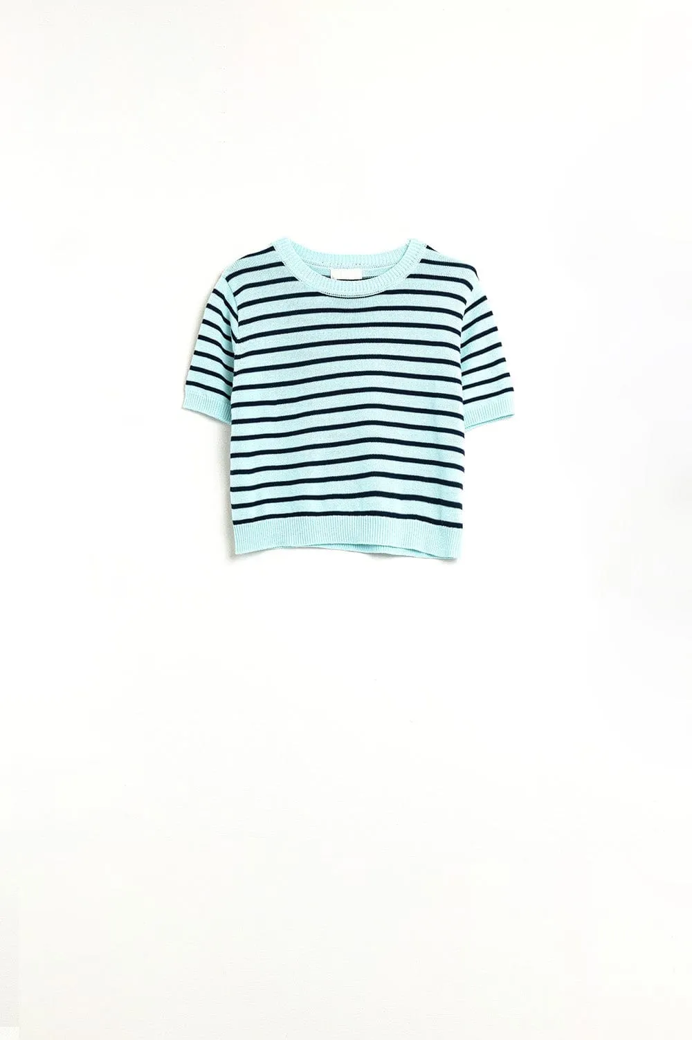 Mint Green Crop Sweater With Navy Stripes