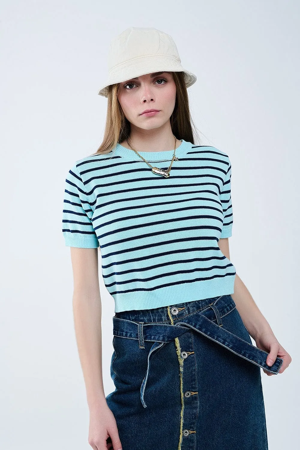 Mint Green Crop Sweater With Navy Stripes