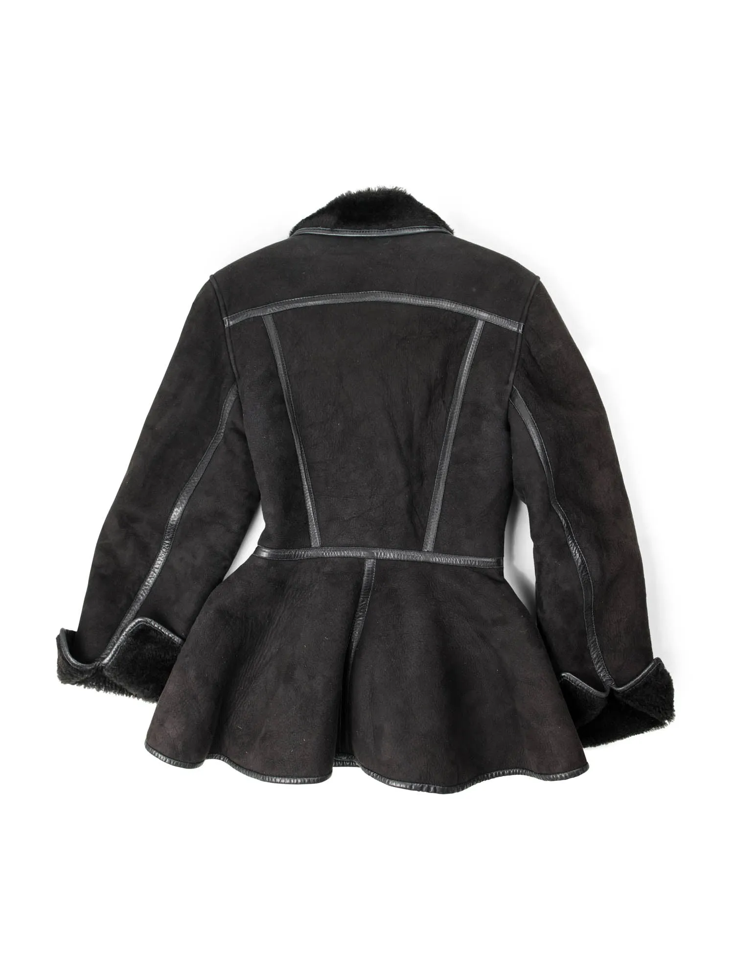 Pia Rucci Suede Shearling Leather Aline Peplum Coat Black