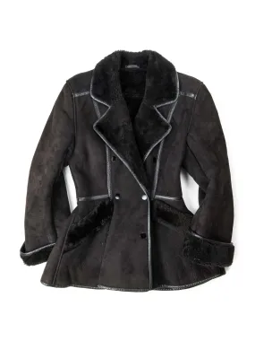 Pia Rucci Suede Shearling Leather Aline Peplum Coat Black