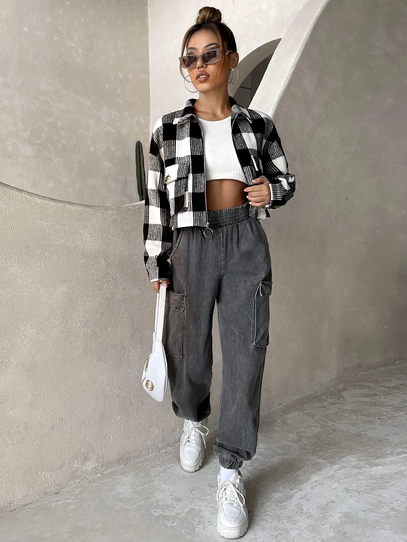 Plaid Pocket Long Sleeve Collar Crop Women Overcoat