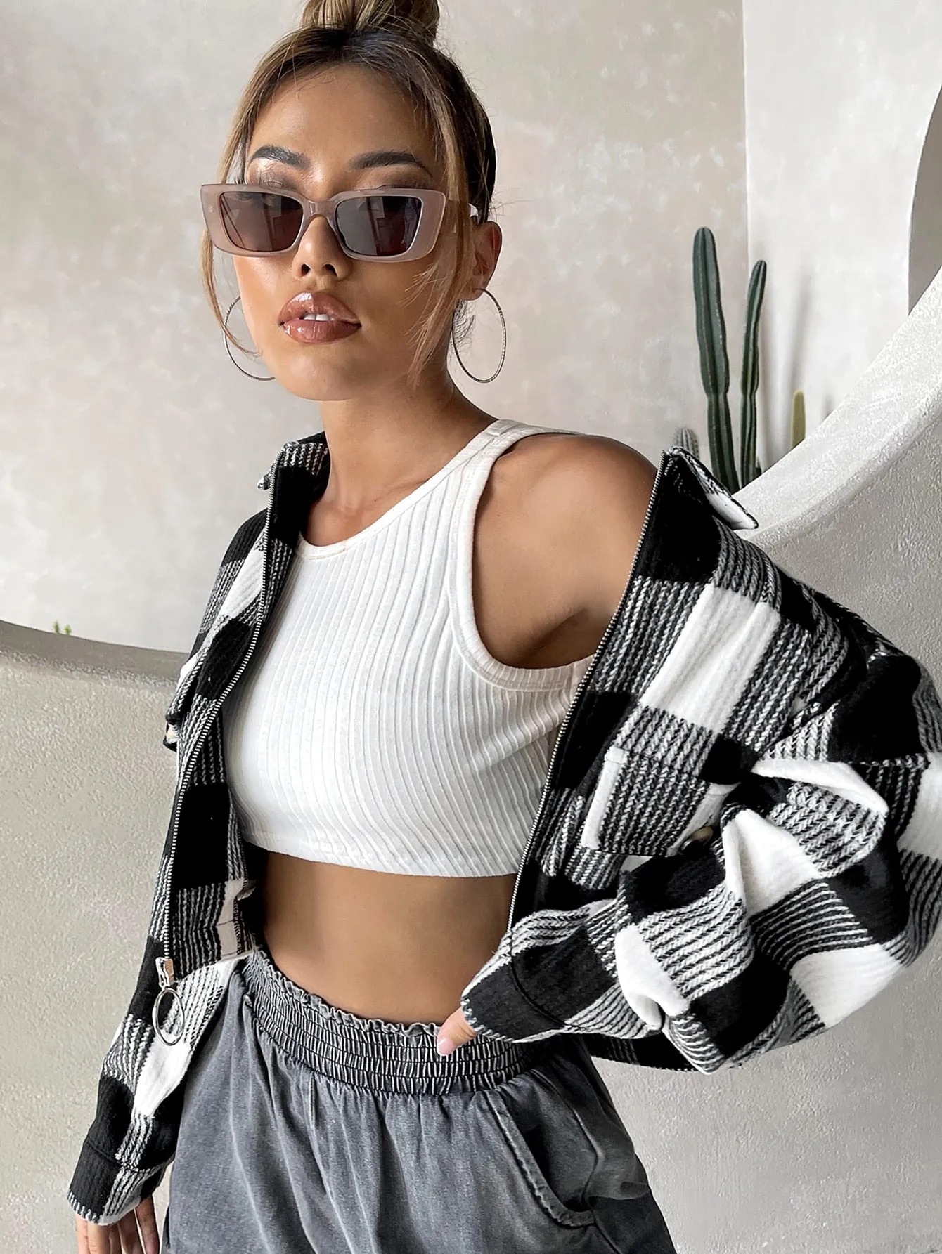 Plaid Pocket Long Sleeve Collar Crop Women Overcoat