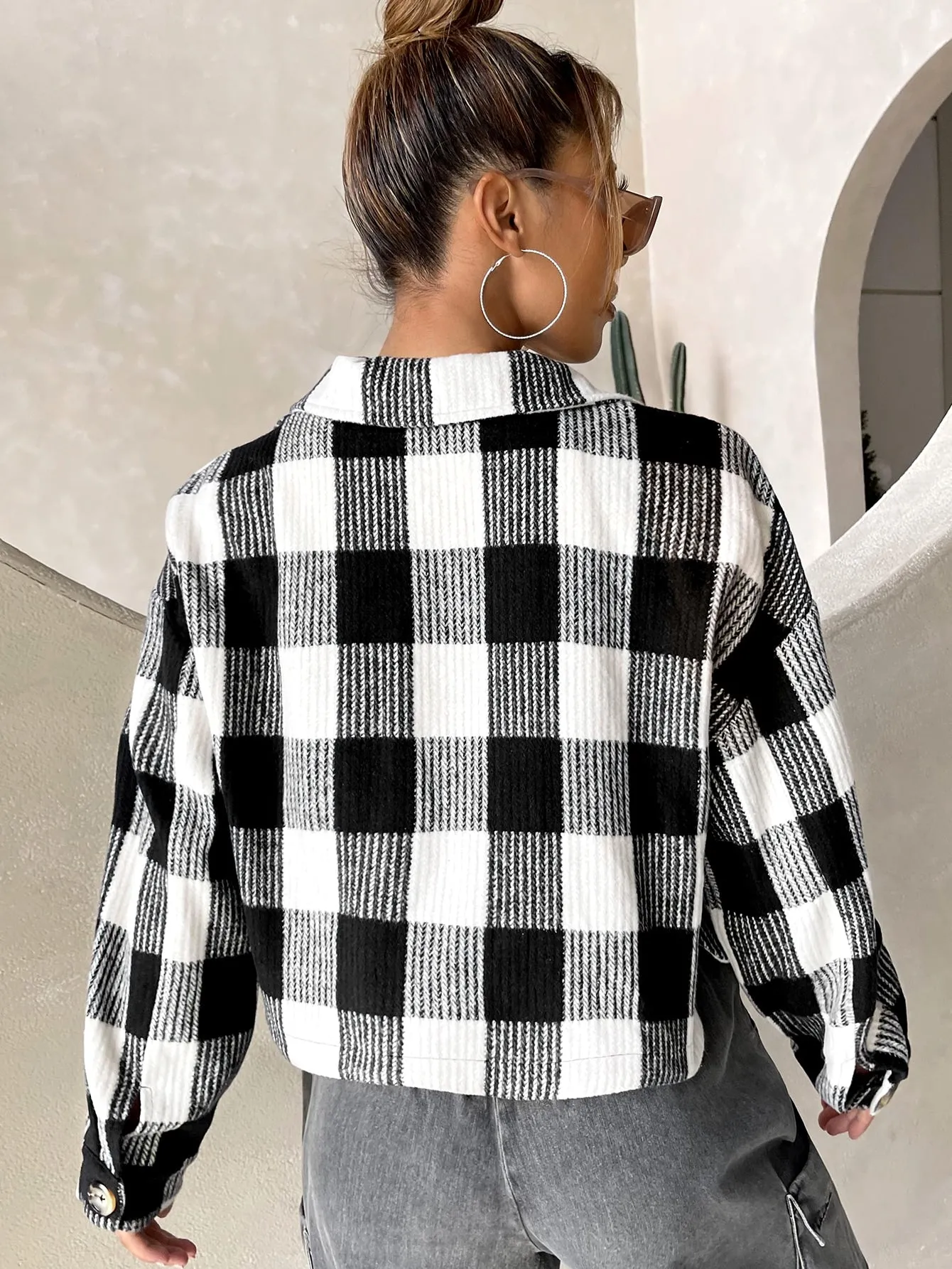 Plaid Pocket Long Sleeve Collar Crop Women Overcoat