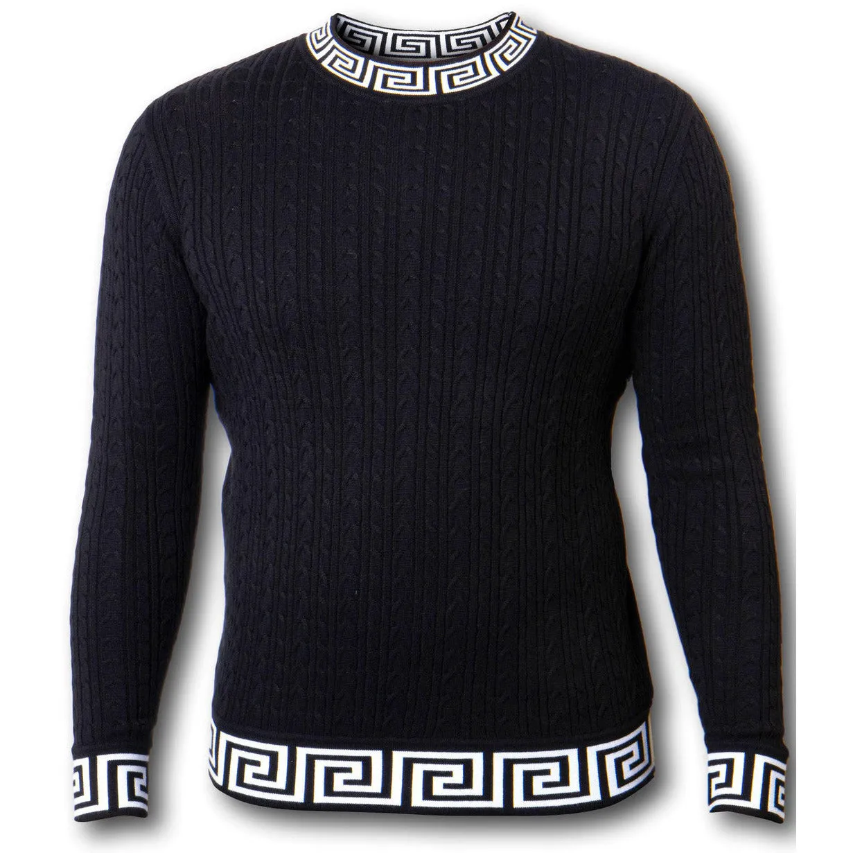 PRESTIGE GREEK KEY BLACK CARDIGAN SWEATER