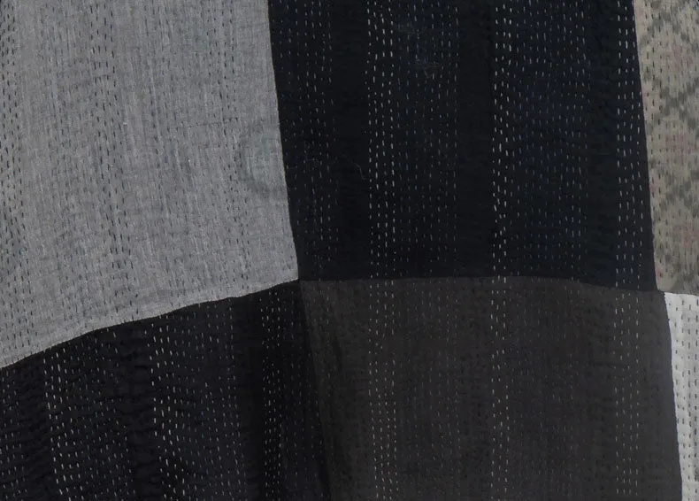 STRIPE AND CHECK COTTON SILK PATCH KANTHA MINI PONCHO - ss4060-blk -