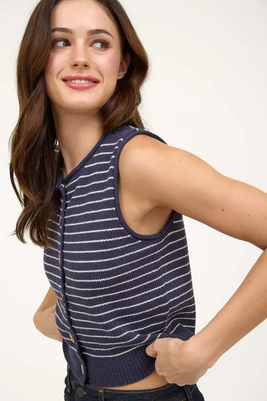 STRIPE RAW EDGE BUTTON DOWN CARDIGAN VEST