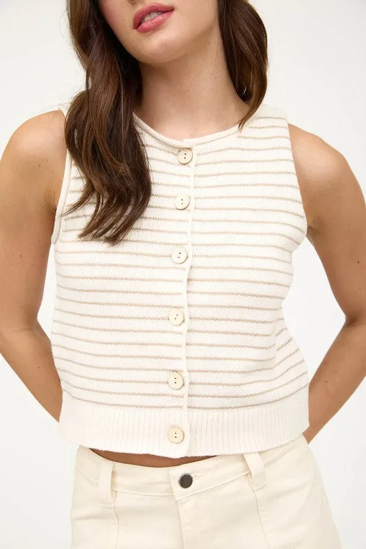 STRIPE RAW EDGE BUTTON DOWN CARDIGAN VEST