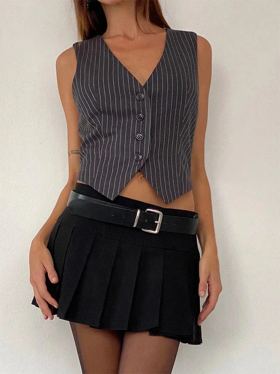 V-Neck Waistcoat Striped Sleeveless Dressy Suit Vest Crop Button Top