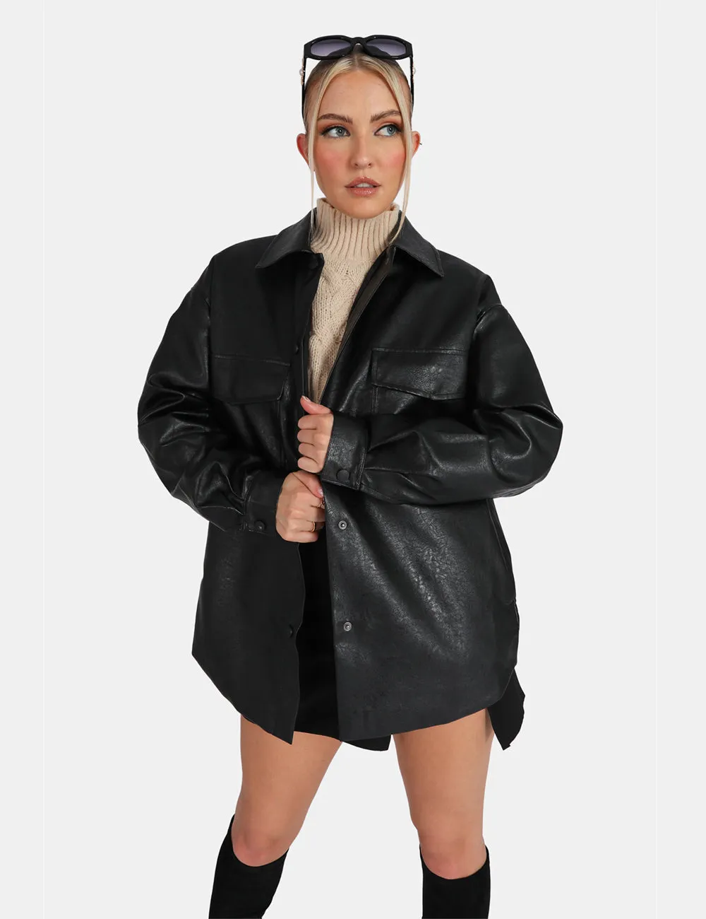 Vegan Leather Pocket Oversized Shacket Black